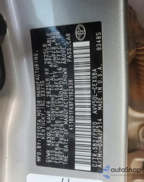 2015 Toyota Camry Hybrid z USA, uszkodzony, nr VIN 4T1BD1FK8FU162838